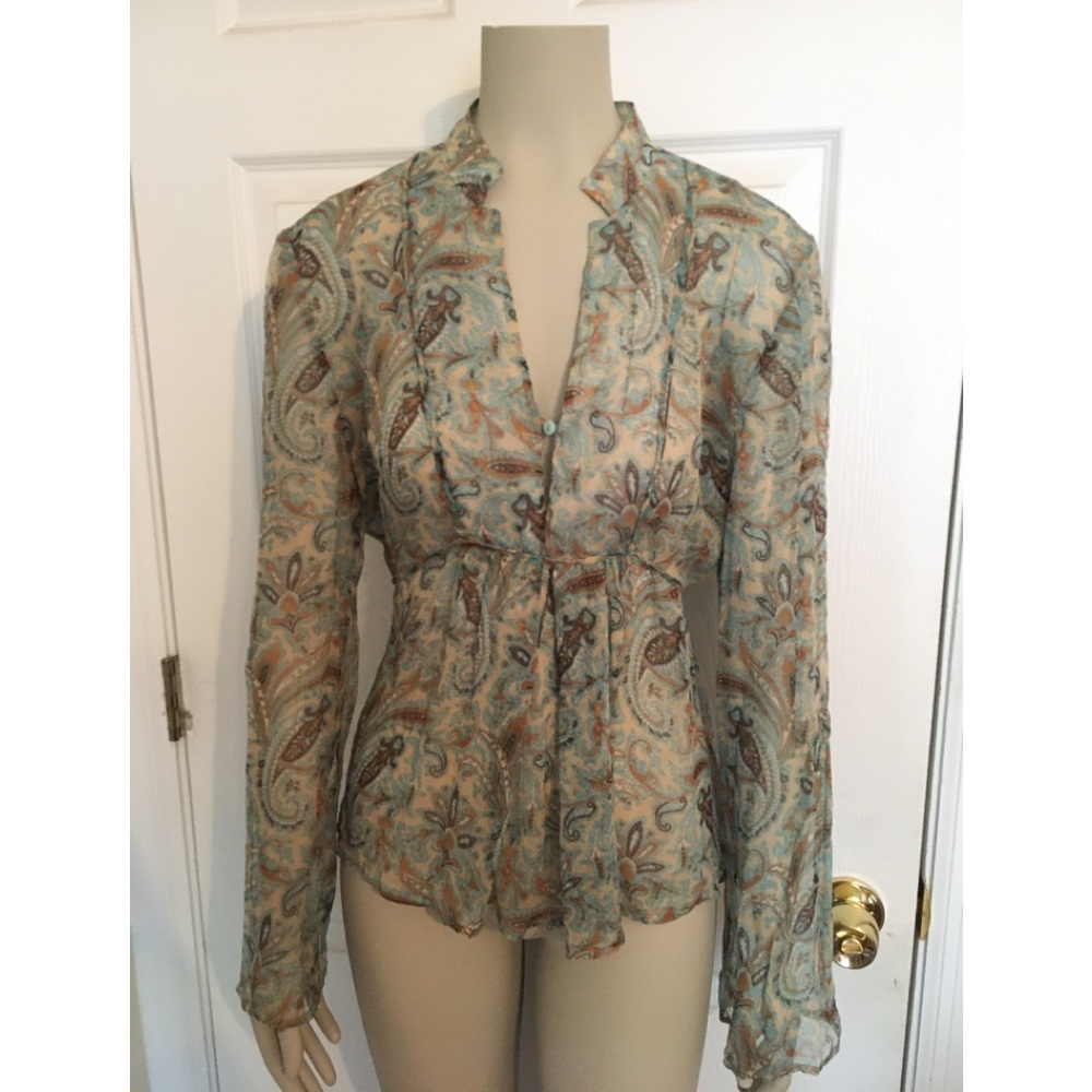 Heart Moon Star Paisley Print Silk Blouse sz Large